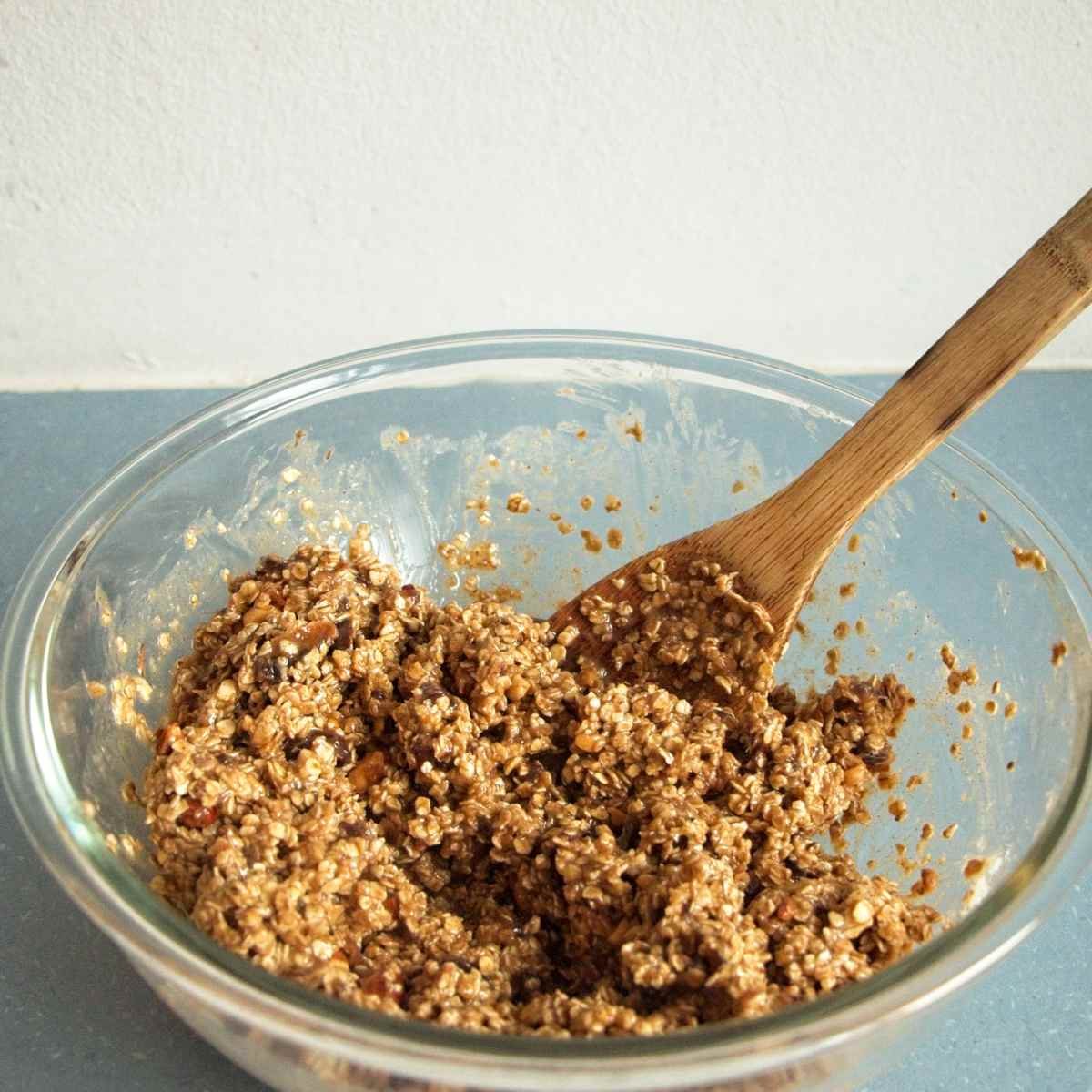 high protein flapjack mixture in a mixing bowl before pressing into tin