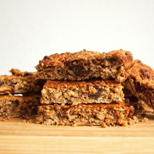 stacked high protein flapjacks close up showing chewy oat texture