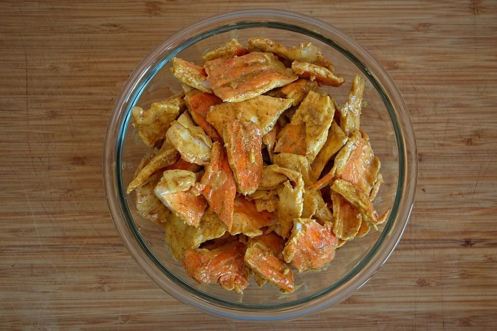 Chicken of the woods mushrooms marinated in yogurt, lemon juice, garlic, ginger, and spices for butter chicken recipe