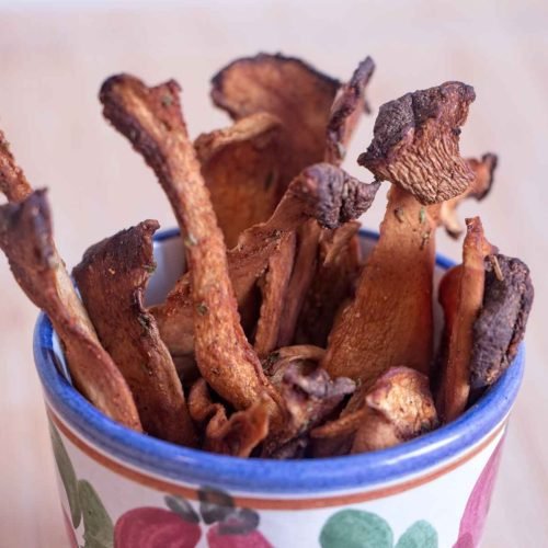 Mushroom jerky made from king oyster mushrooms shown from the side in a small ceramic cup, highlighting the irregular, chewy pieces after drying.