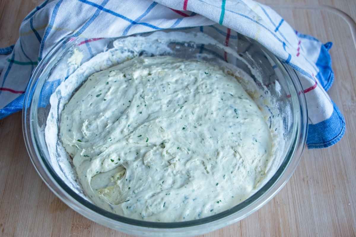 Focaccia dough after first rise in a bowl, showing bubbles and increased volume
