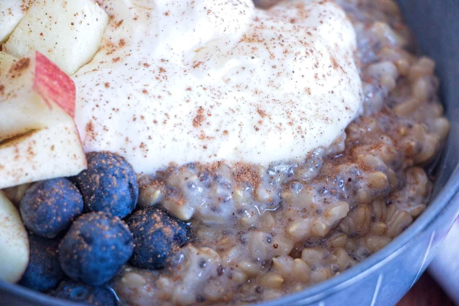 instant pot oat groats porridge close up with yogurt, blueberries, apple, and cinnamon
