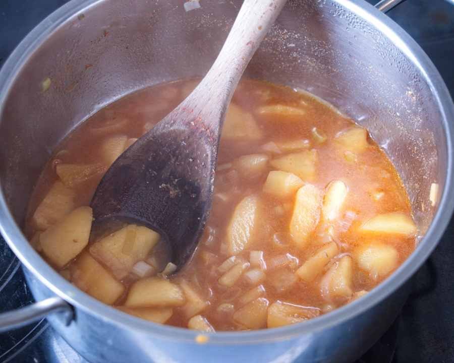 apples and spring onions simmering in vinegar and spices to make ketchup base