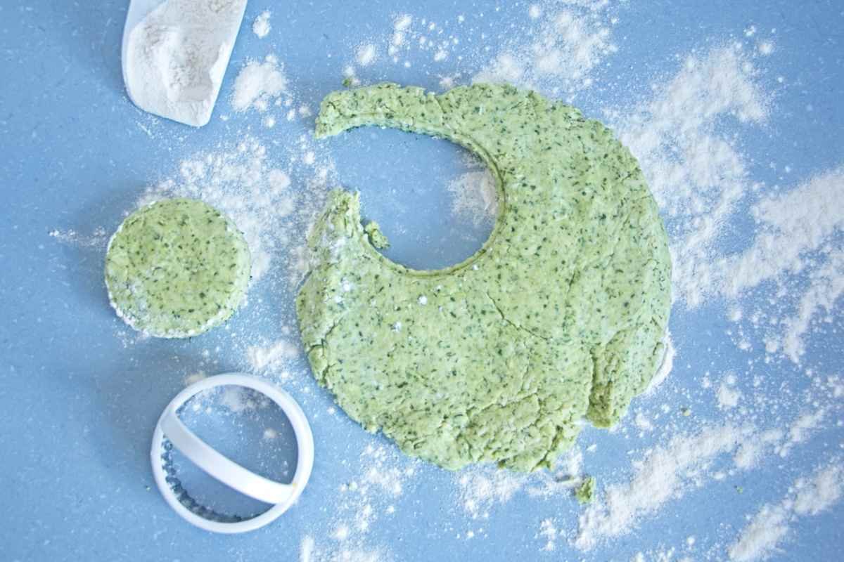 Cutting wild garlic scone dough on a floured surface using a round cutter