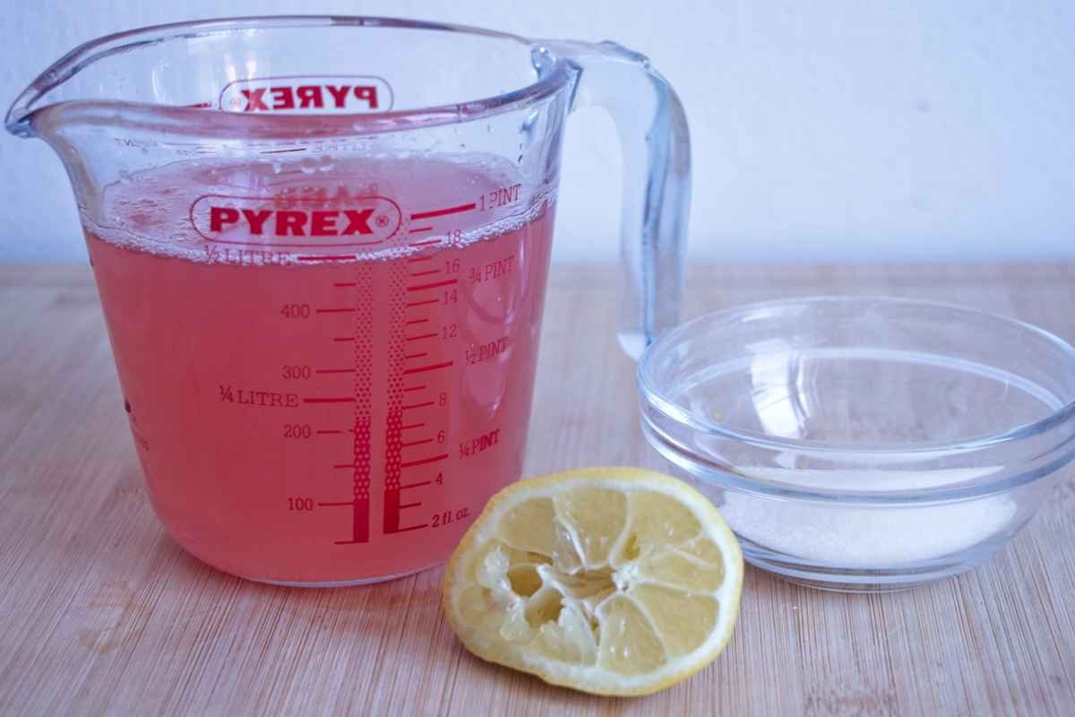 Rhubarb ginger cordial in measuring jug with lemon and sugar for adjusting flavour