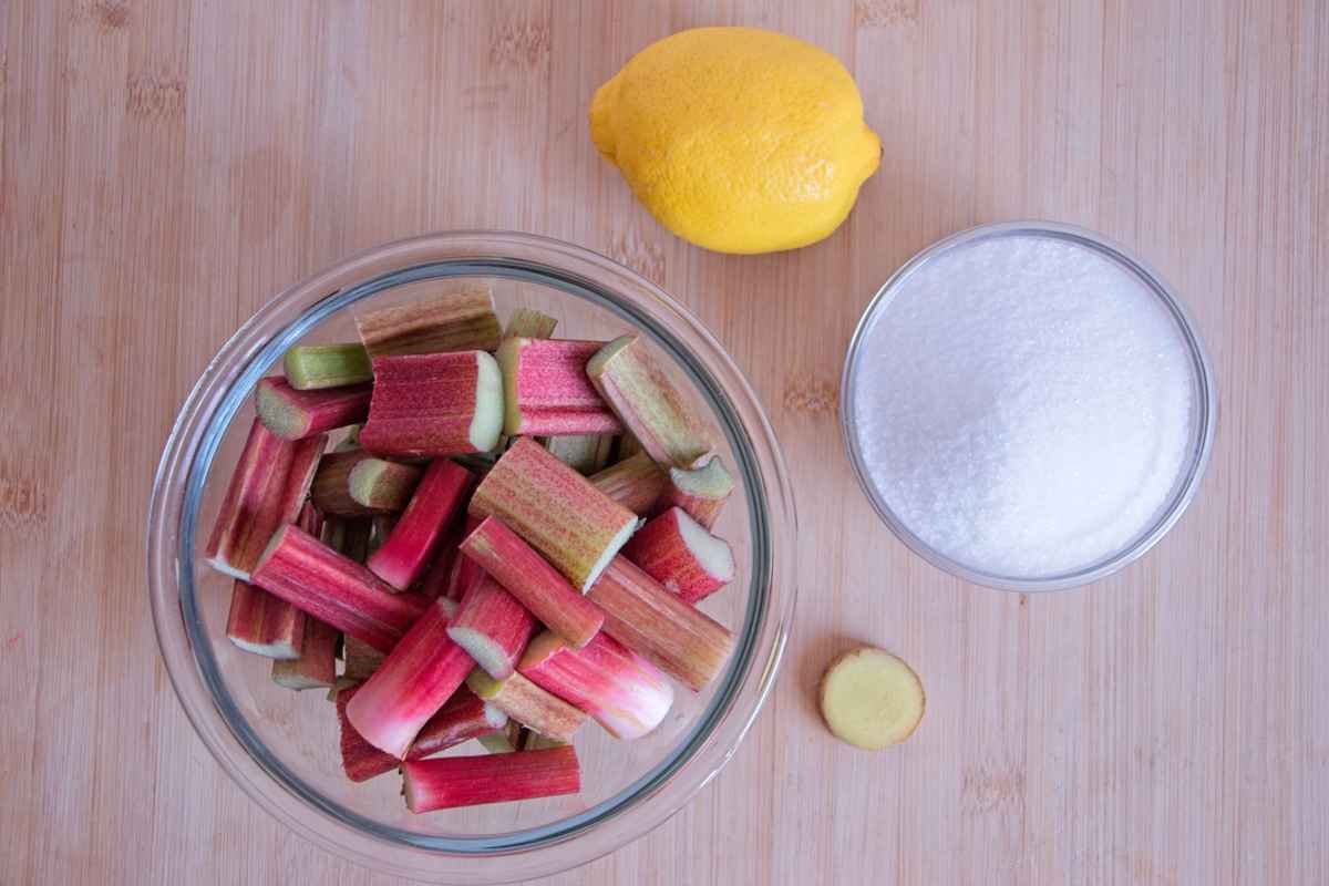 Ingredients for rhubarb ginger cordial including chopped rhubarb, sugar, lemon, and fresh ginger