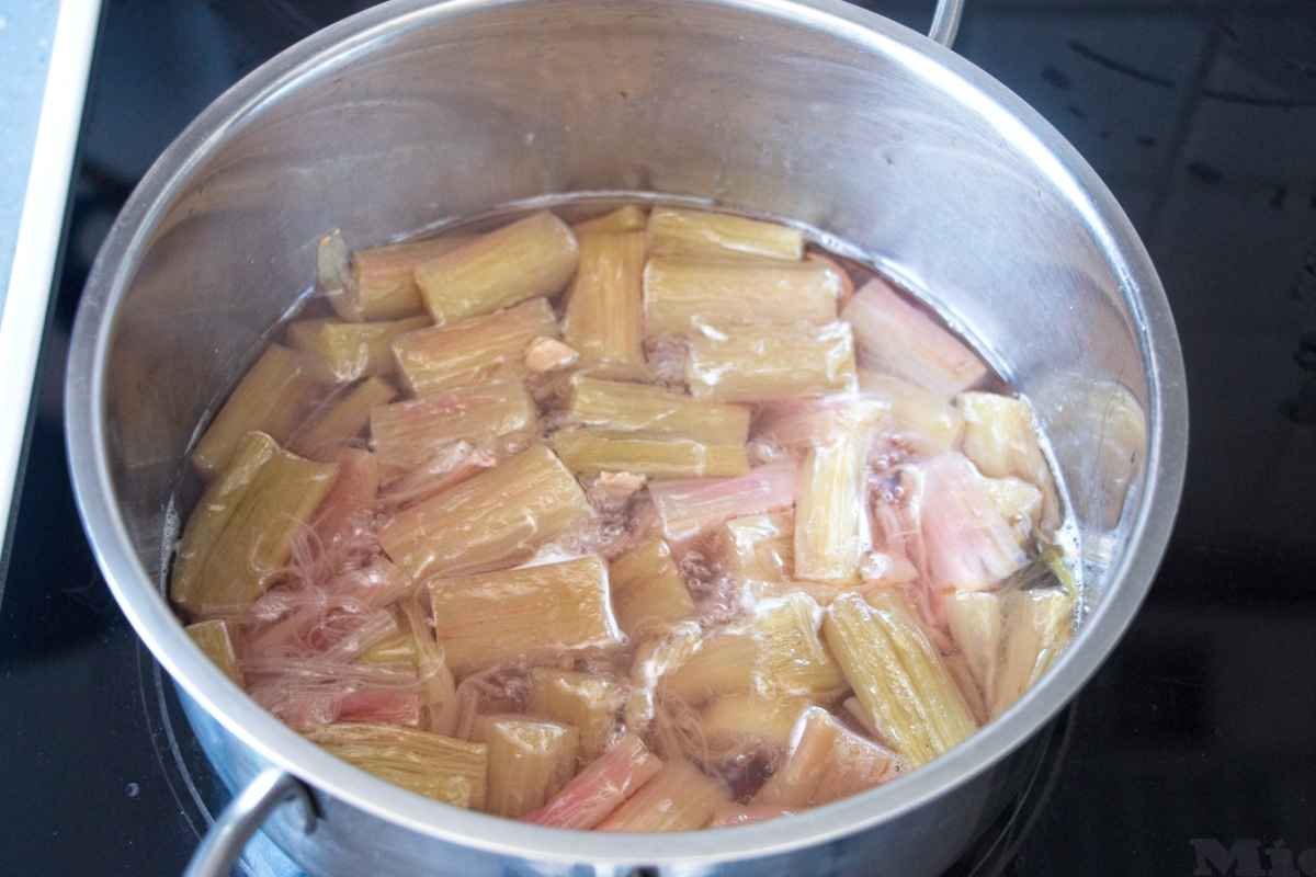 Chopped rhubarb simmering in a saucepan to extract flavour