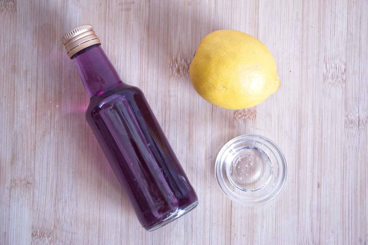 violet sorbet recipe ingredients including violet syrup, lemon and sugar