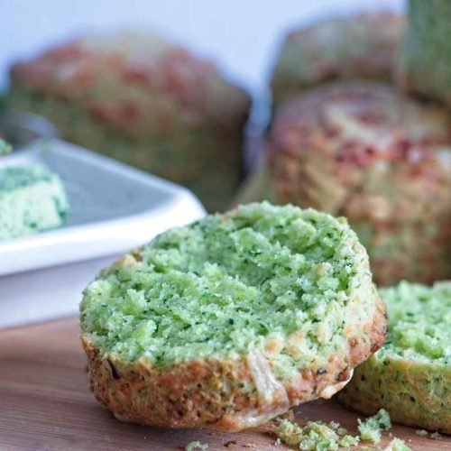 Wild garlic cheese scones close up showing soft green crumb and texture