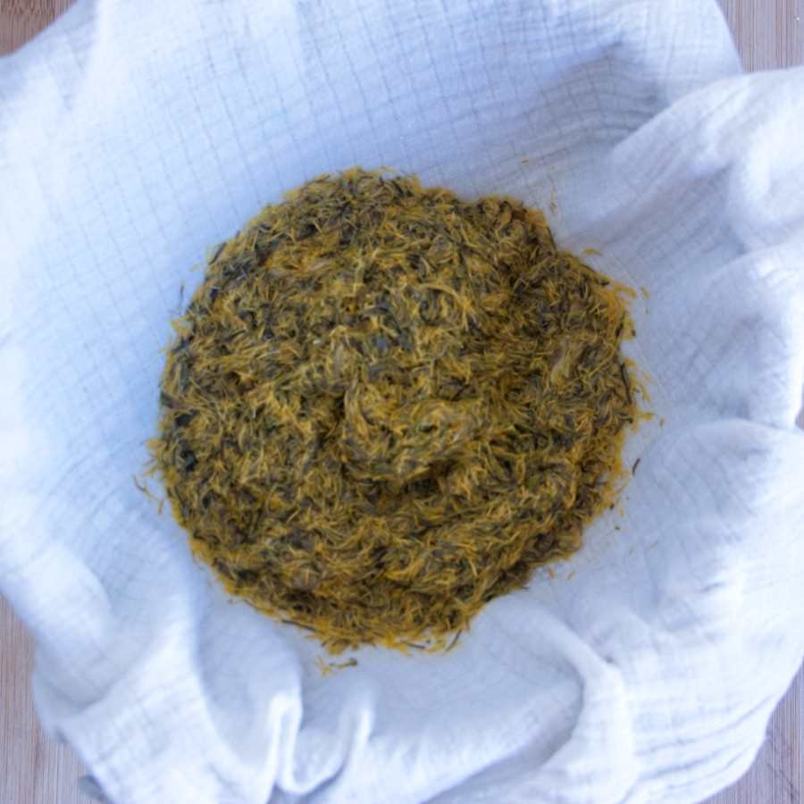 strained dandelion petals in muslin cloth