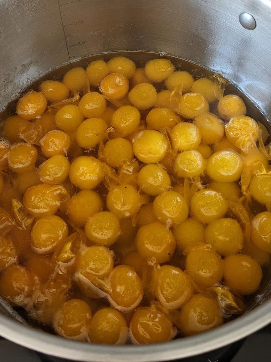 Mirabelle plums simmering in water until soft.
