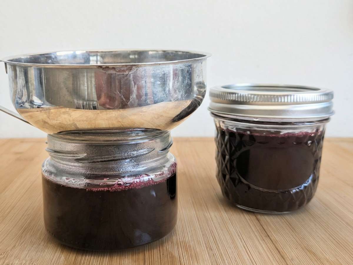 Freshly filled jars of homemade elderberry jelly