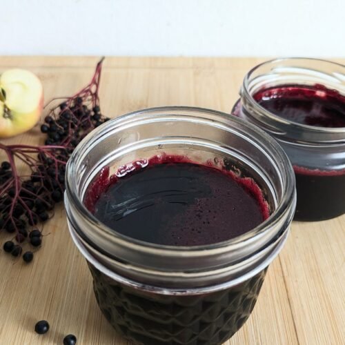 Homemade elderberry jelly in jars with fresh elderberries and apple