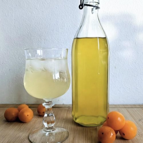 Homemade Mirabelle plum cordial served over ice with a bottle of cordial and fresh plums.