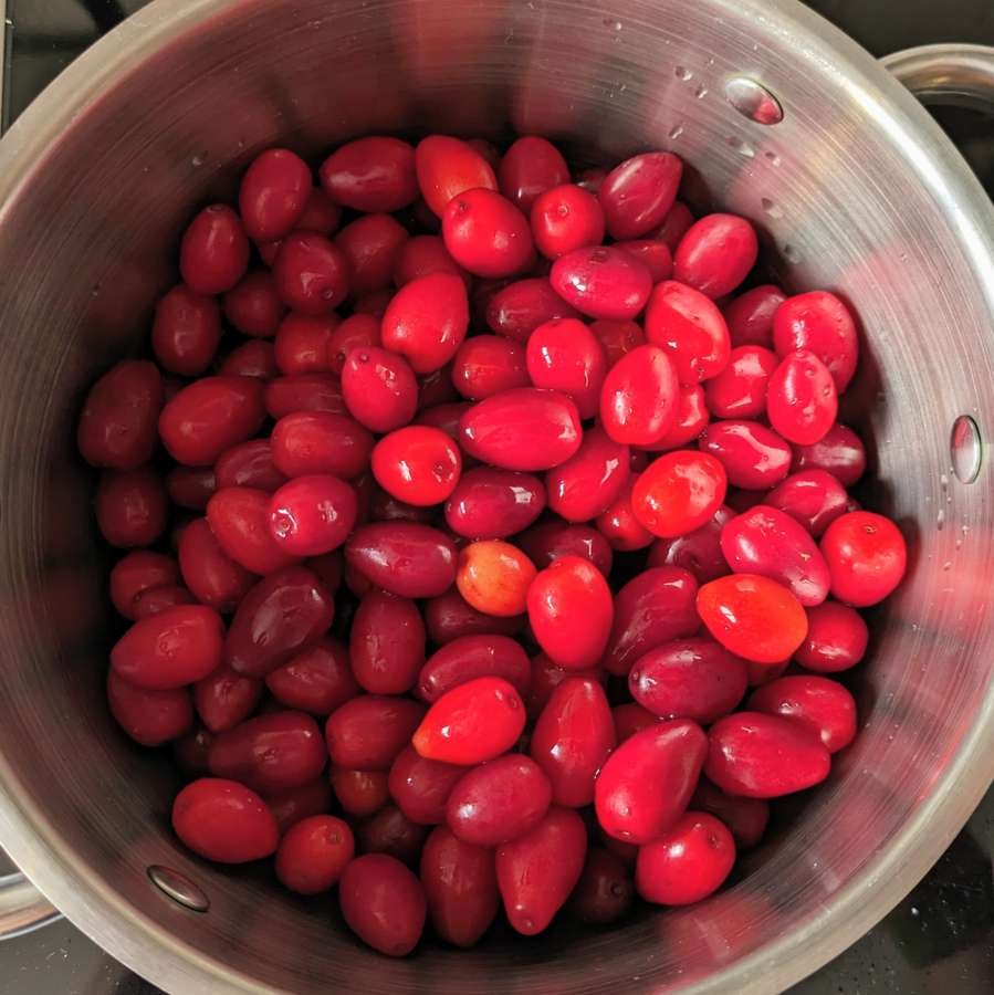 Fresh red Cornelian cherries in a saucepan ready to be cooked for jam.