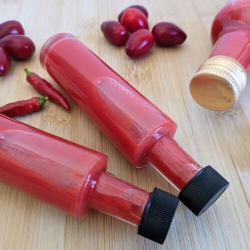 Cornelian cherry hot sauce in glass bottles with fresh Cornelian cherries and red chillies.
