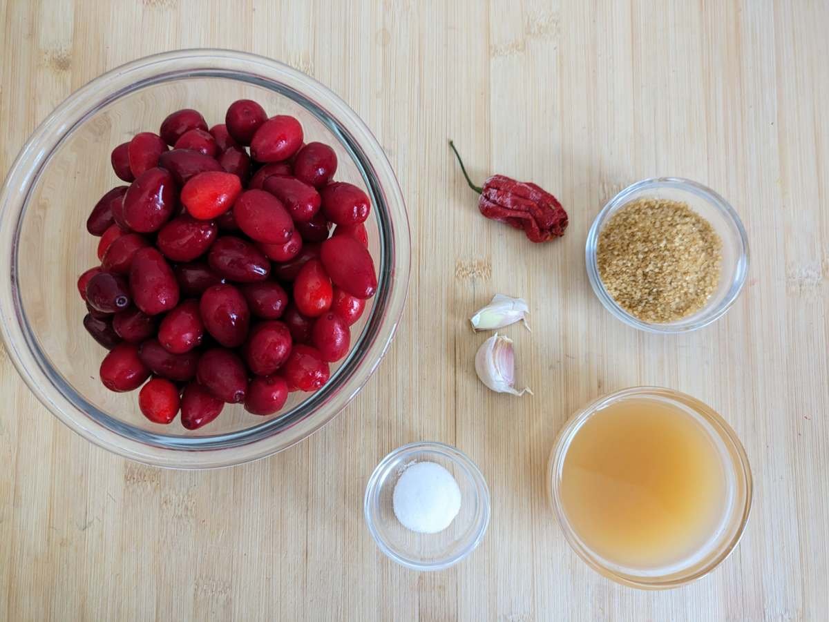 Cornelian cherries, chilli, garlic, brown sugar, salt and apple cider vinegar for making hot sauce.