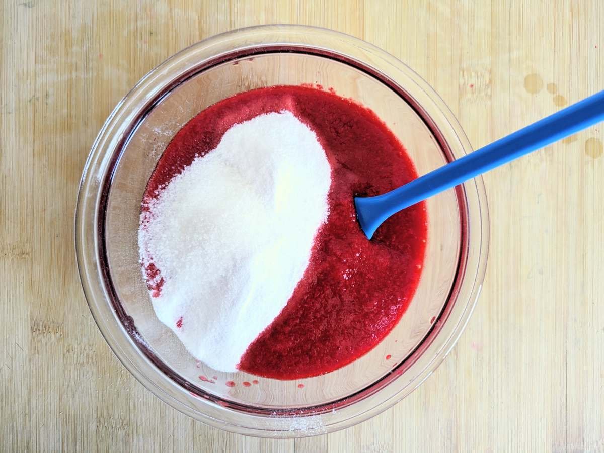 Granulated sugar and dextrose added to Cornelian cherry purée before churning into sorbet.