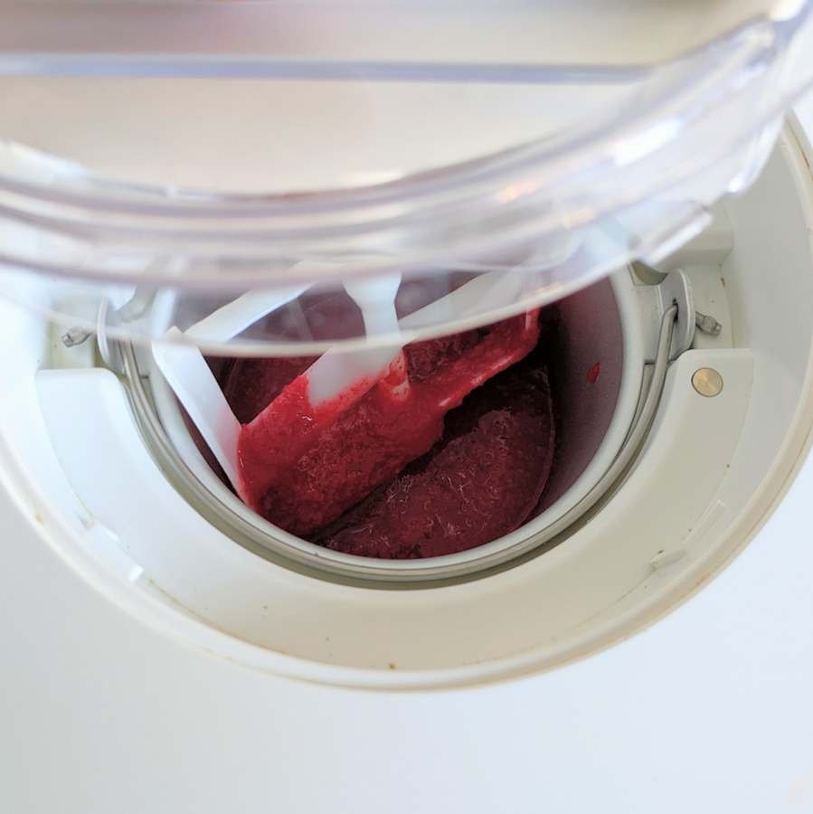 Cornelian cherry sorbet churning in an ice cream maker until thick and smooth.