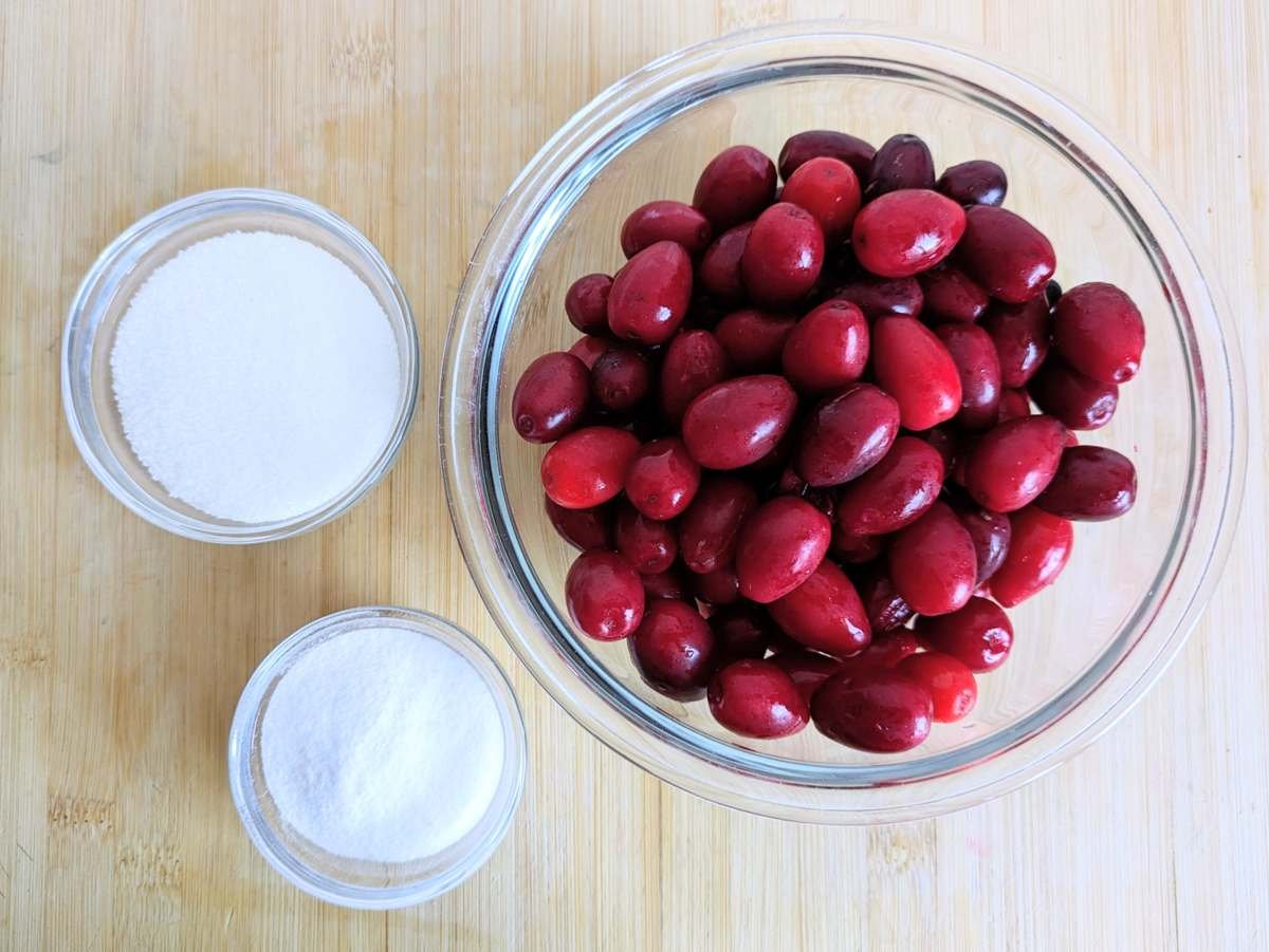 Cornelian cherries with granulated sugar and dextrose ready for making sorbet.