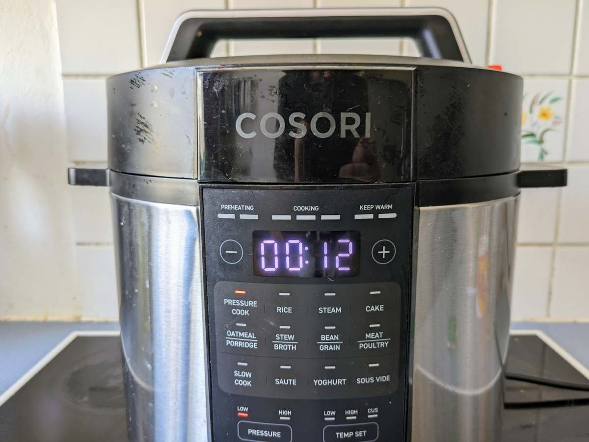 Pressure cooker set to Low Pressure for 12 minutes.