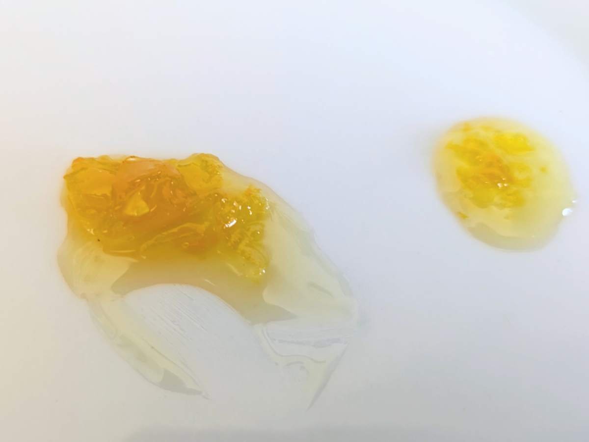 Two samples of golden chilli jam on a white plate, showing the soft set after cooling.