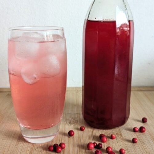Bottle of homemade lingonberry syrup