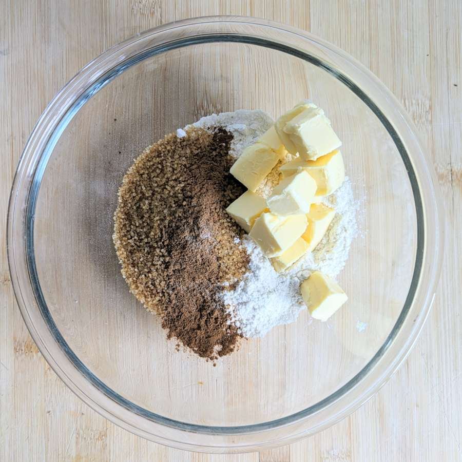 Butter, brown sugar, flour and cinnamon ready to make the streusel topping.